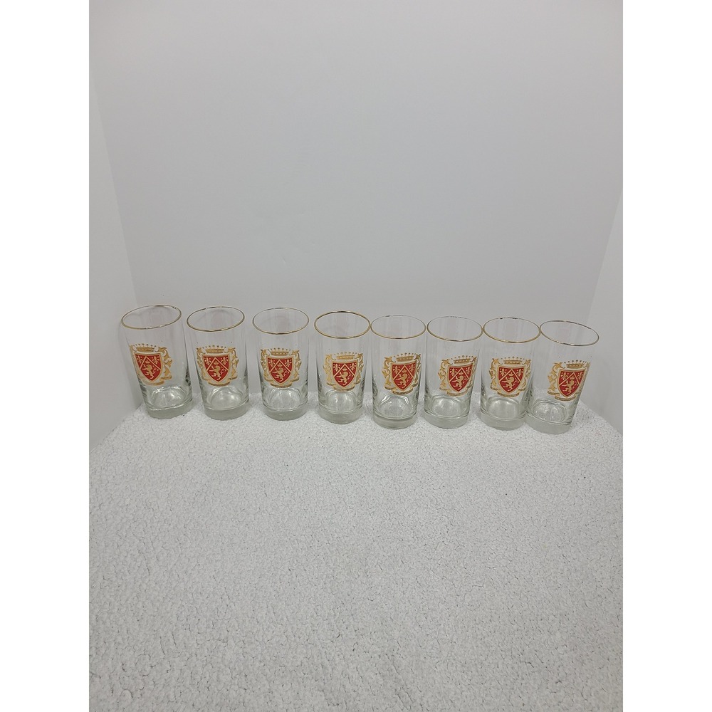 Vintage Red Gold Heraldic Crest Highball Glasses Set of 8 Lion Fleur-de-Lis Rim